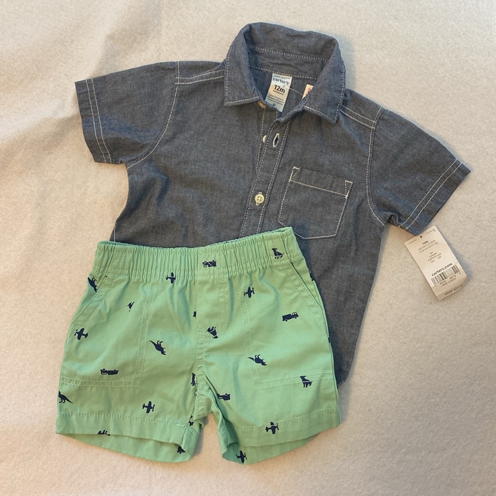 Carter’s 2 pc - Jean Shirt- Cotton Shorts - Airplane-Dinosaur-Fire Truck 12m NWT